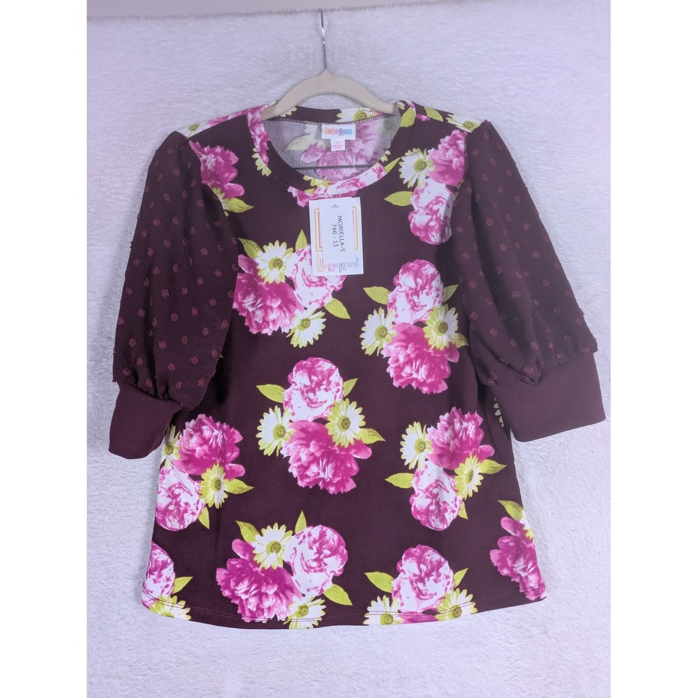 NEW LuLaRoe Moriella Top Women's S Burgundy Floral Swiss Dot Puff Sleeve